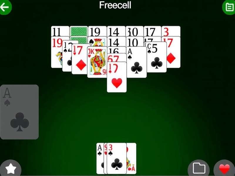 Gameplay screenshot of Greenfelt Net Freecell showing the classic green felt table and cards