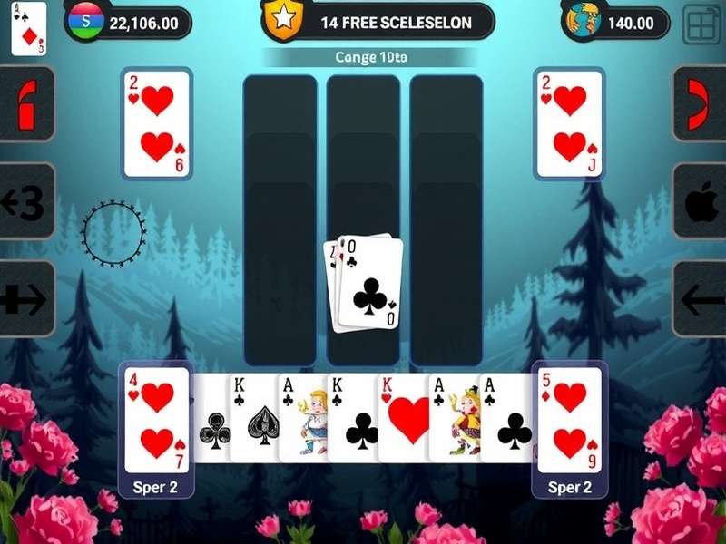 FreeCell card game layout on a wooden table with four free cells visible