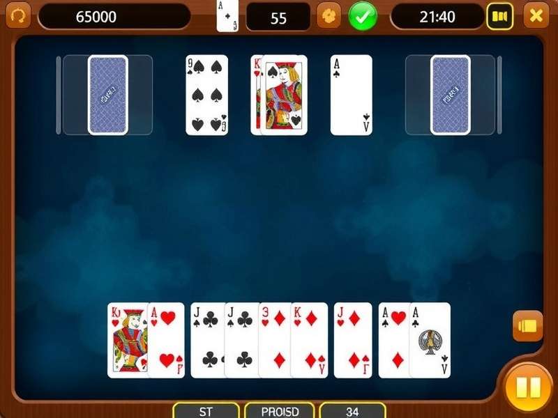 A vibrant FreeCell solitaire game setup on a wooden table with playing cards arranged in cascades