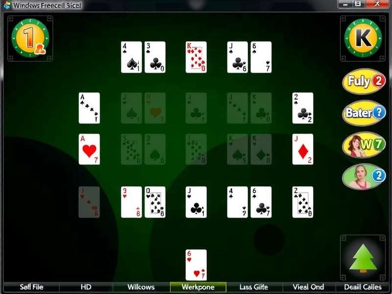 Windows Freecell game layout with cards and free cells on a wooden table background