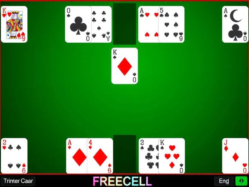 Freecell Two Decks Free game layout showing two decks of cards arranged on a green felt board with free cells and cascades
