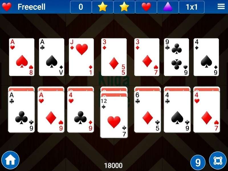 Freecell Online Klondike game layout showing cards arranged on a green felt table with four free cells and foundations