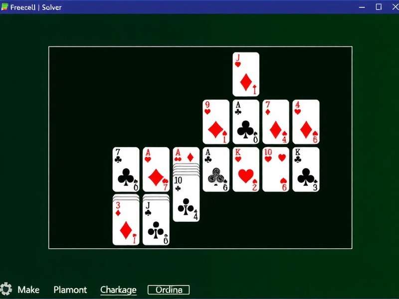 FreeCell solitaire cards arranged on a wooden table with classic green felt background